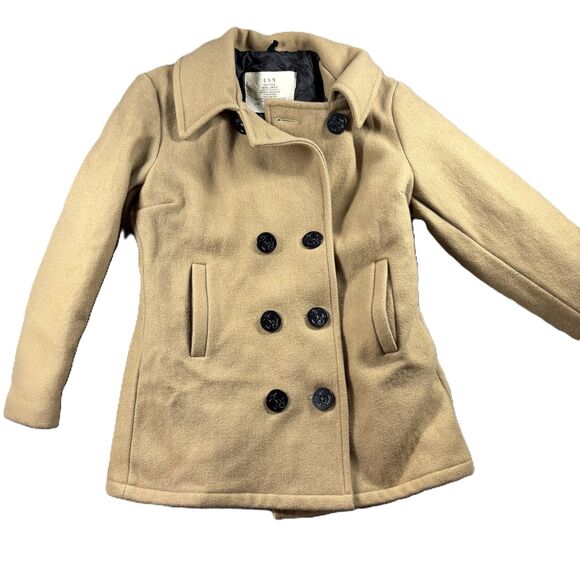 US Navy Women Pea Coat Vintage Double Breasted Buttons Lined Wool USN Tan Medium - Picture 1 of 10